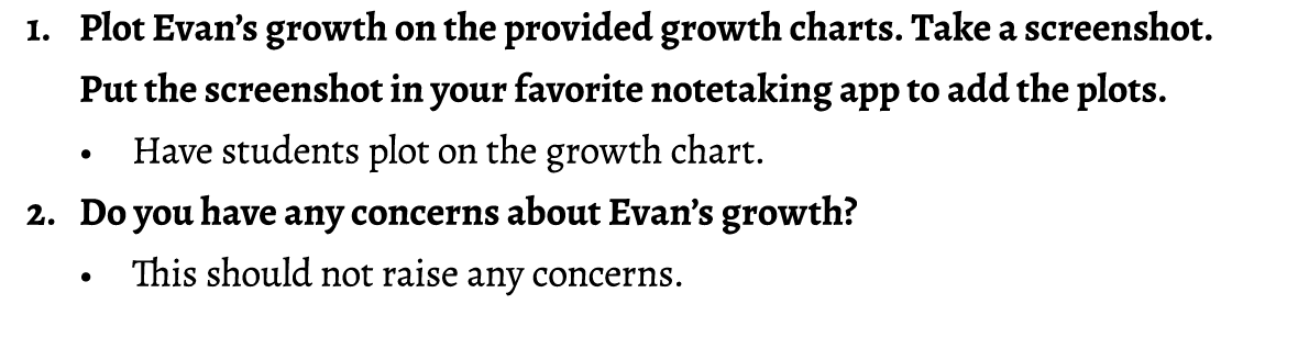 1. Plot Evan’s growth on the provided growth charts. Take a screenshot. Put the screenshot in your favorite notetakin...