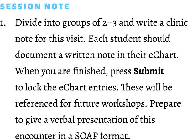 Session Note 1. Divide into groups of 2–3 and write a clinic note for this visit. Each student should document a writ...