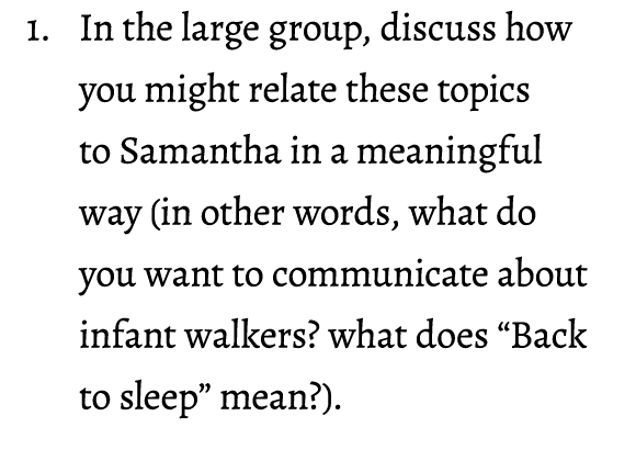 1. In the large group, discuss how you might relate these topics to Samantha in a meaningful way (in other words, wha...