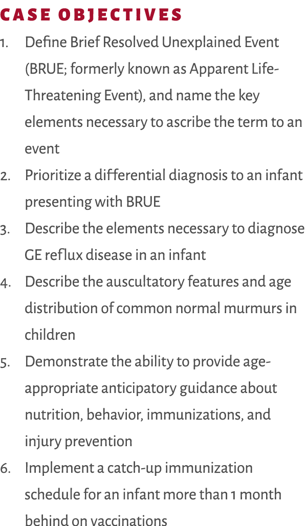 Case objectives 1. Define Brief Resolved Unexplained Event (BRUE; formerly known as Apparent Life Threatening Event),...