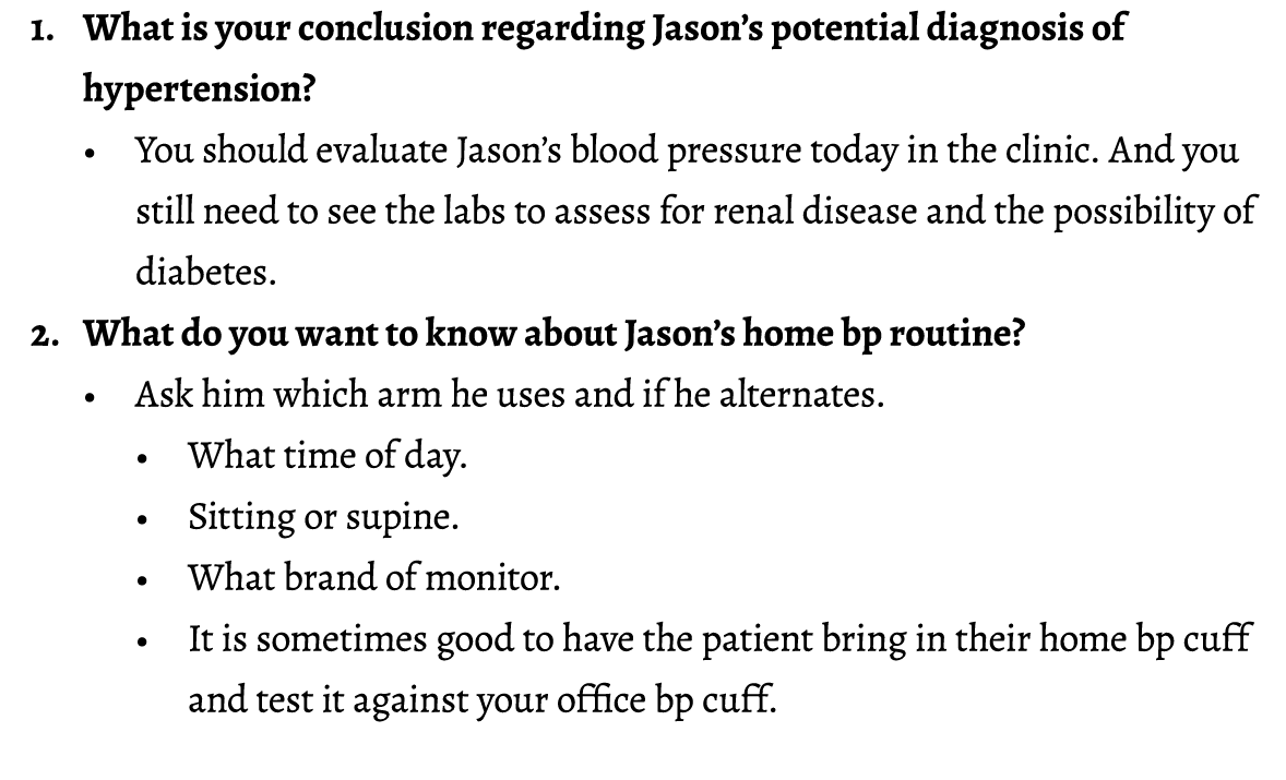 1. What is your conclusion regarding Jason’s potential diagnosis of hypertension? • You should evaluate Jason’s blood...