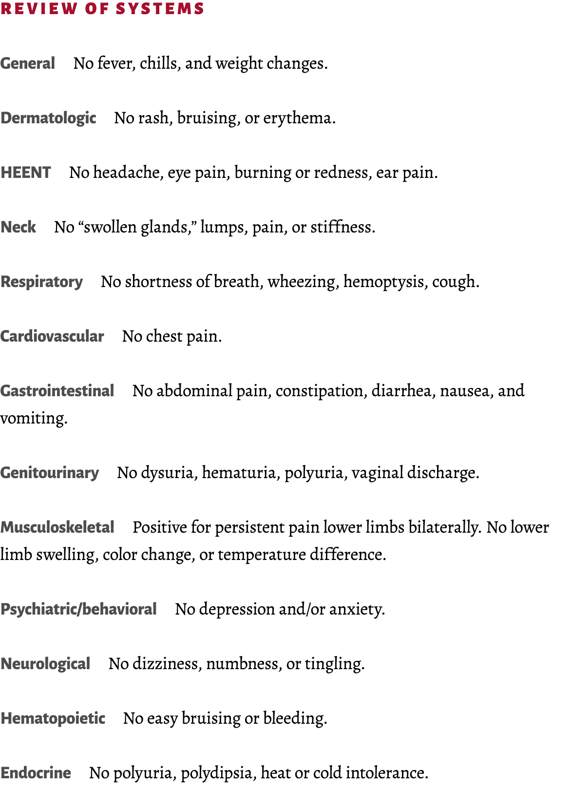 REVIEW OF SYSTEMS General No fever, chills, and weight changes. Dermatologic No rash, bruising, or erythema. HEENT No...