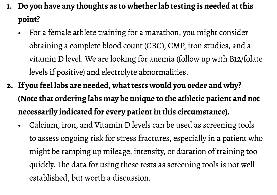 1. Do you have any thoughts as to whether lab testing is needed at this point? • For a female athlete training for a ...
