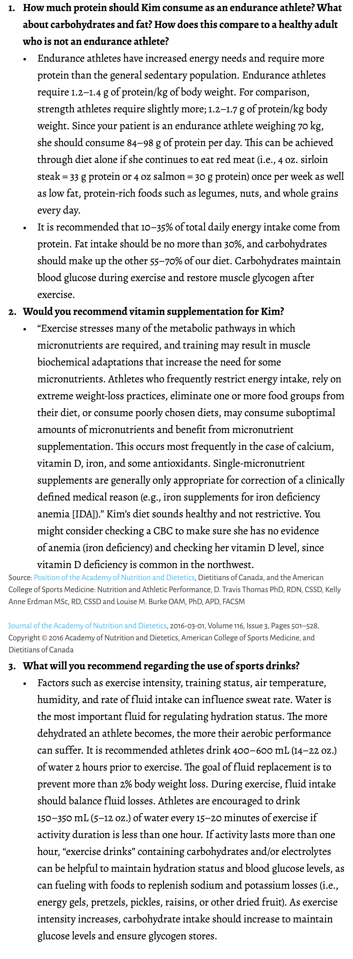 1. How much protein should Kim consume as an endurance athlete? What about carbohydrates and fat? How does this compa...