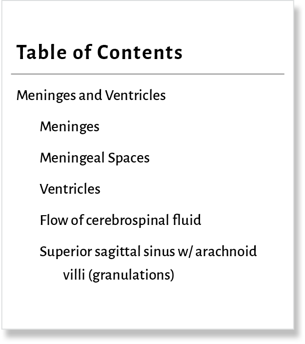 Table of Contents Meninges and Ventricles Meninges Meningeal Spaces Ventricles Flow of cerebrospinal fluid Superior s...