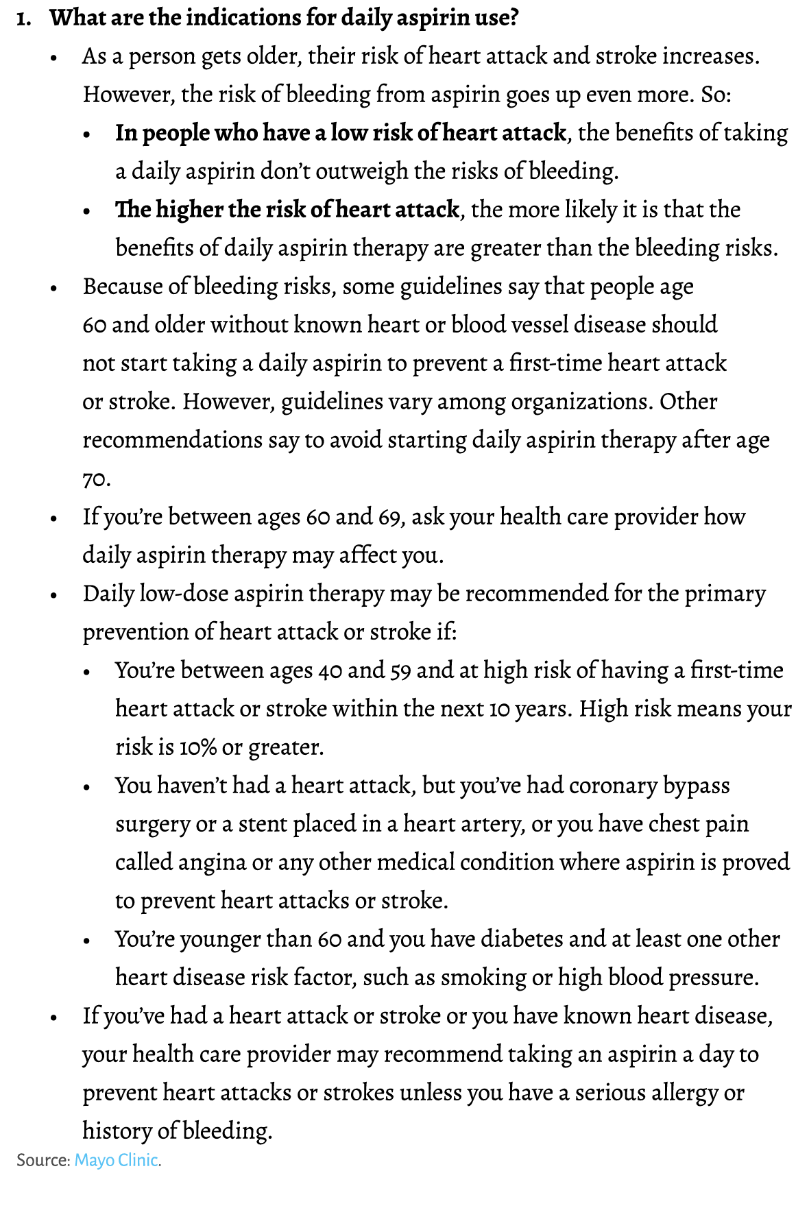 1. What are the indications for daily aspirin use? • As a person gets older, their risk of heart attack and stroke in...