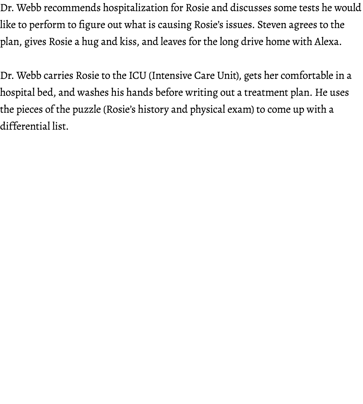 Dr. Webb recommends hospitalization for Rosie and discusses some tests he would like to perform to figure out what is...