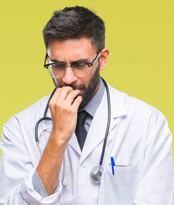 Adult hispanic doctor man over isolated background looking stressed and nervous with hands on mouth biting nails. Anxiety problem.