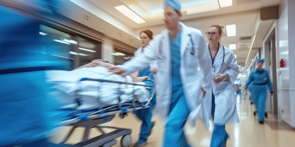 Hospital emergency departmentTeam of doctors rushing a patient with hyperkalemia.