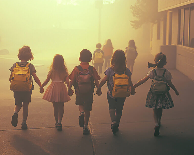 Children walking together, risky air pollution.