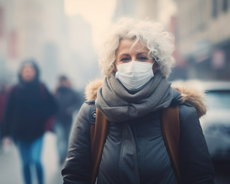 Senior woman wearing face mask to protect against air pollution walking on street in big city.